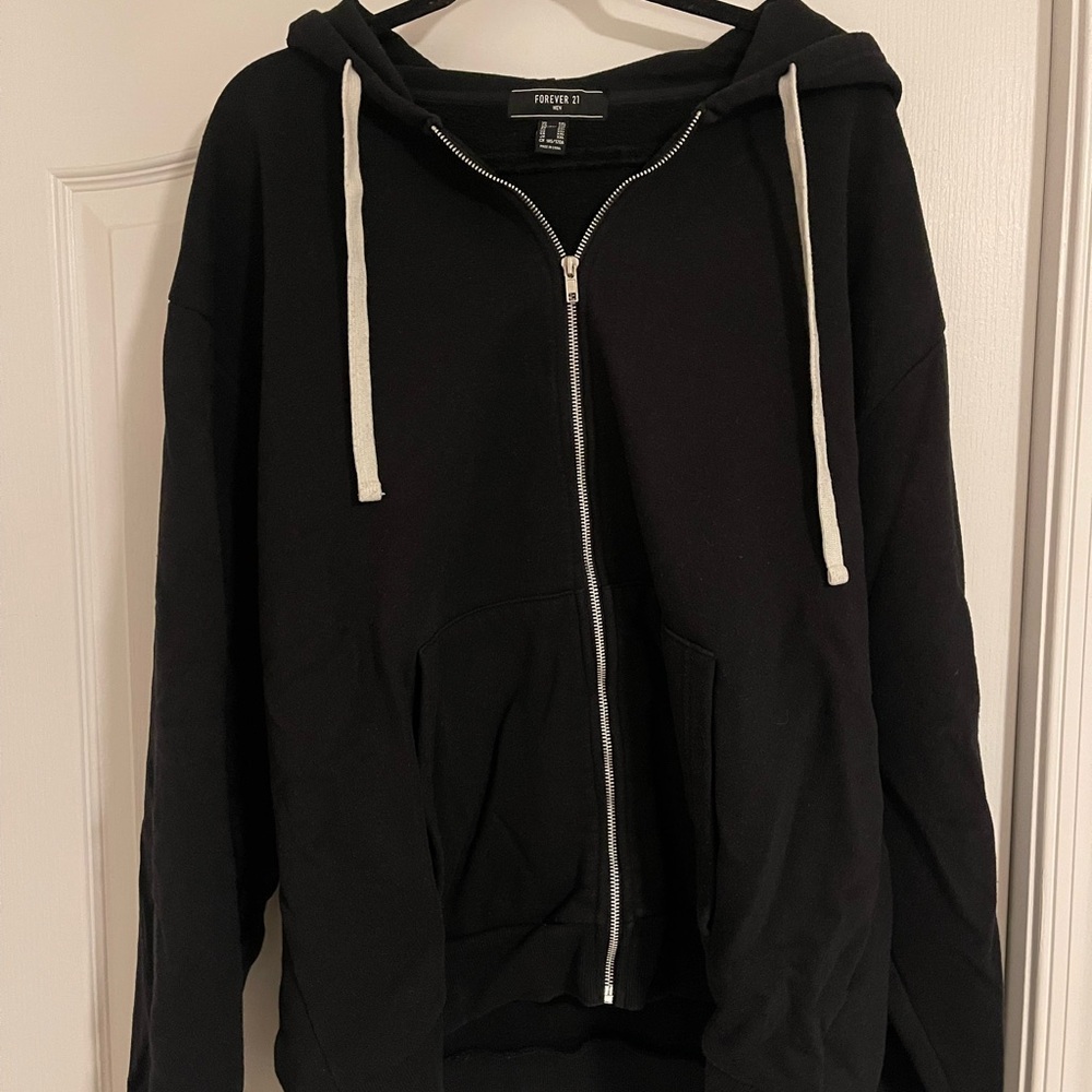 Forever 21 Men's Black Hoodie Zip-up with Silver Zipper